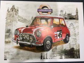 Painting of a red mini with Tower Bridge and an Underground sign in the background