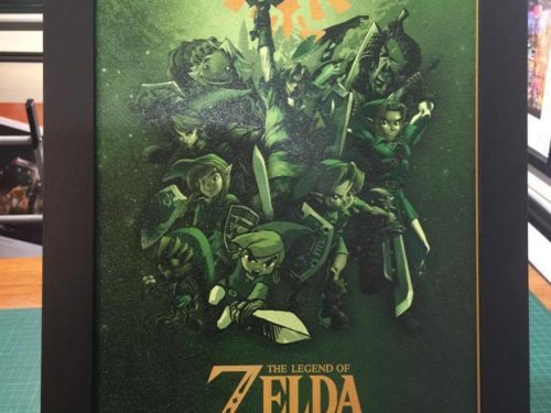 Framed Zelda art with many versions of Link